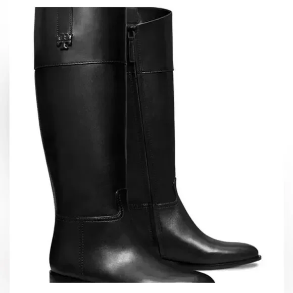 NWT TORY BURCH Double T Riding Black Leather Boots Size 7 $ 579.00
